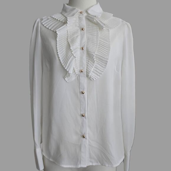 NWT Ruffle Collar White Button-up Long-sleeve Shirt Sz Small - Picture 1 of 6